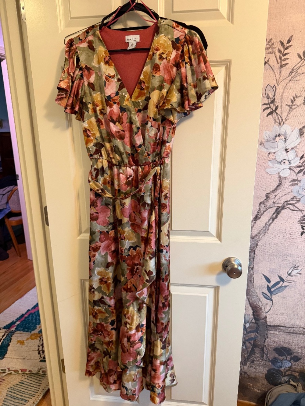 Nicole Miller New York Floral Satin Maxi Dress Size S Tie Waist Flutter Sleeve